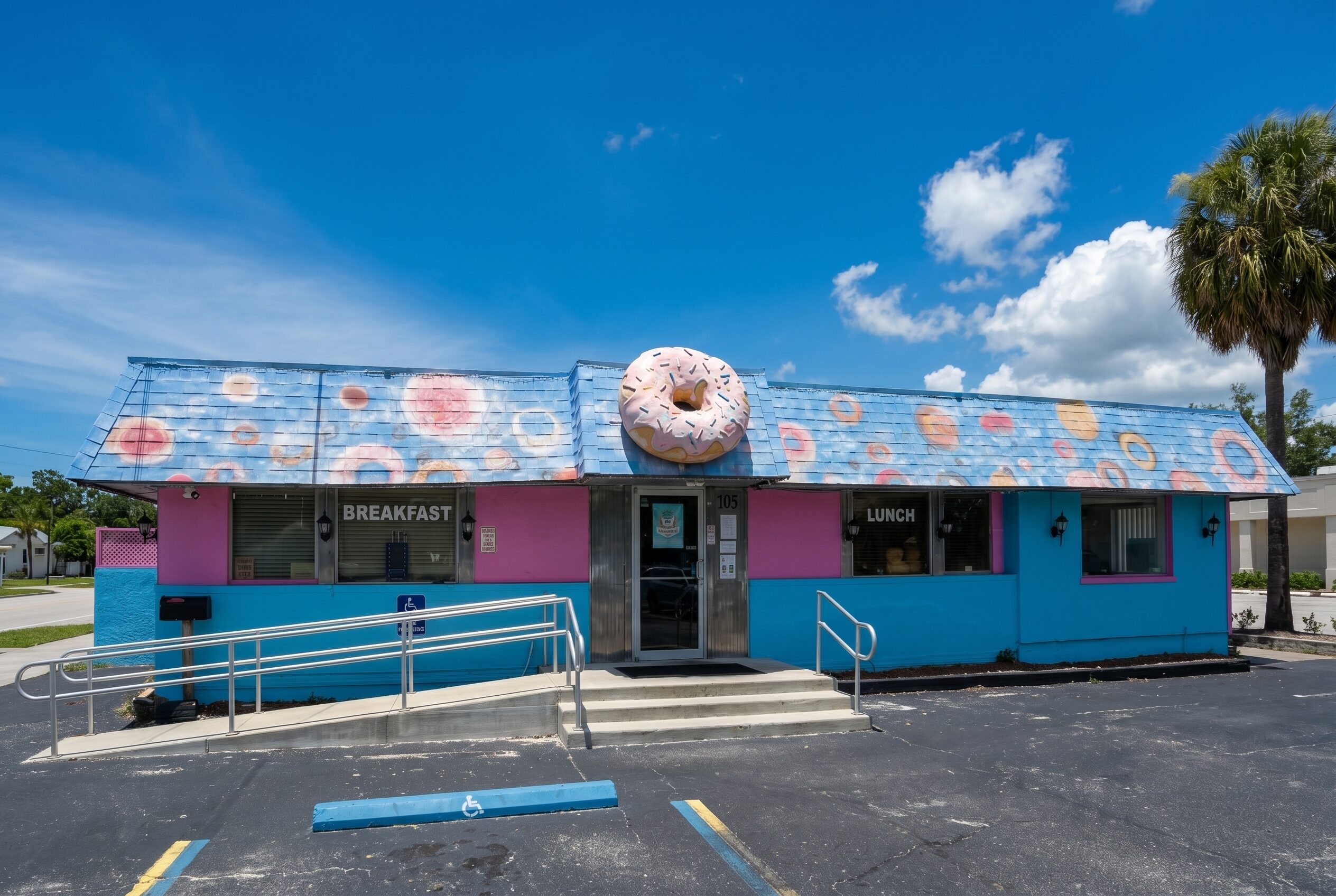 Heavenly Eats and Sweets exterior — sky-blue building with giant 3D donut sculpture on the roof, painted donuts across the roofline, and a palm tree against a Florida blue sky