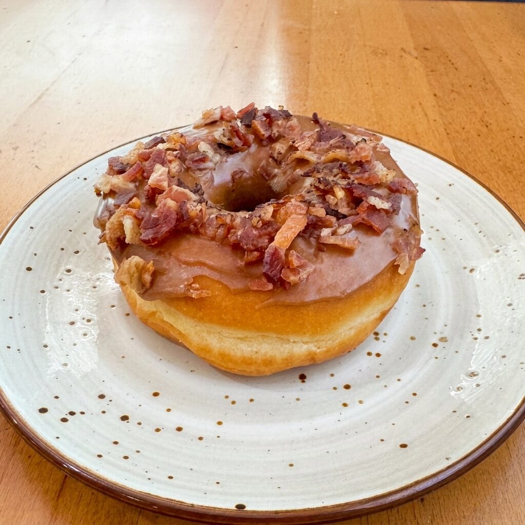Maple bacon donut with amber maple glaze and crumbled bacon