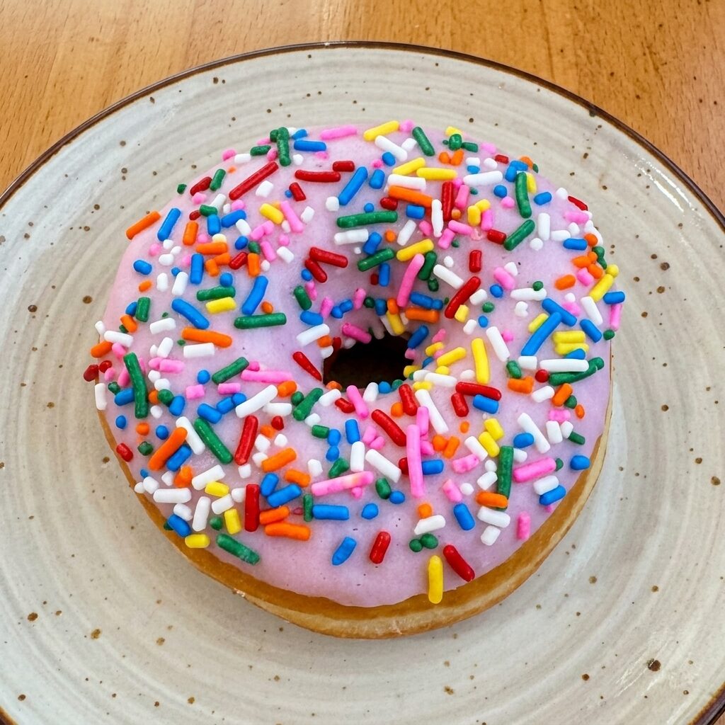 Pink sprinkles donut with rainbow sprinkles