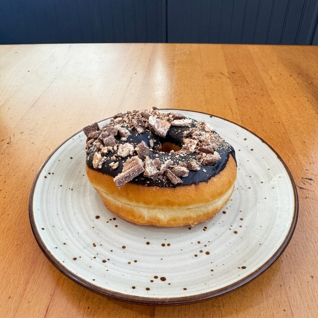 Chocolate peanut butter donut with peanut butter drizzle