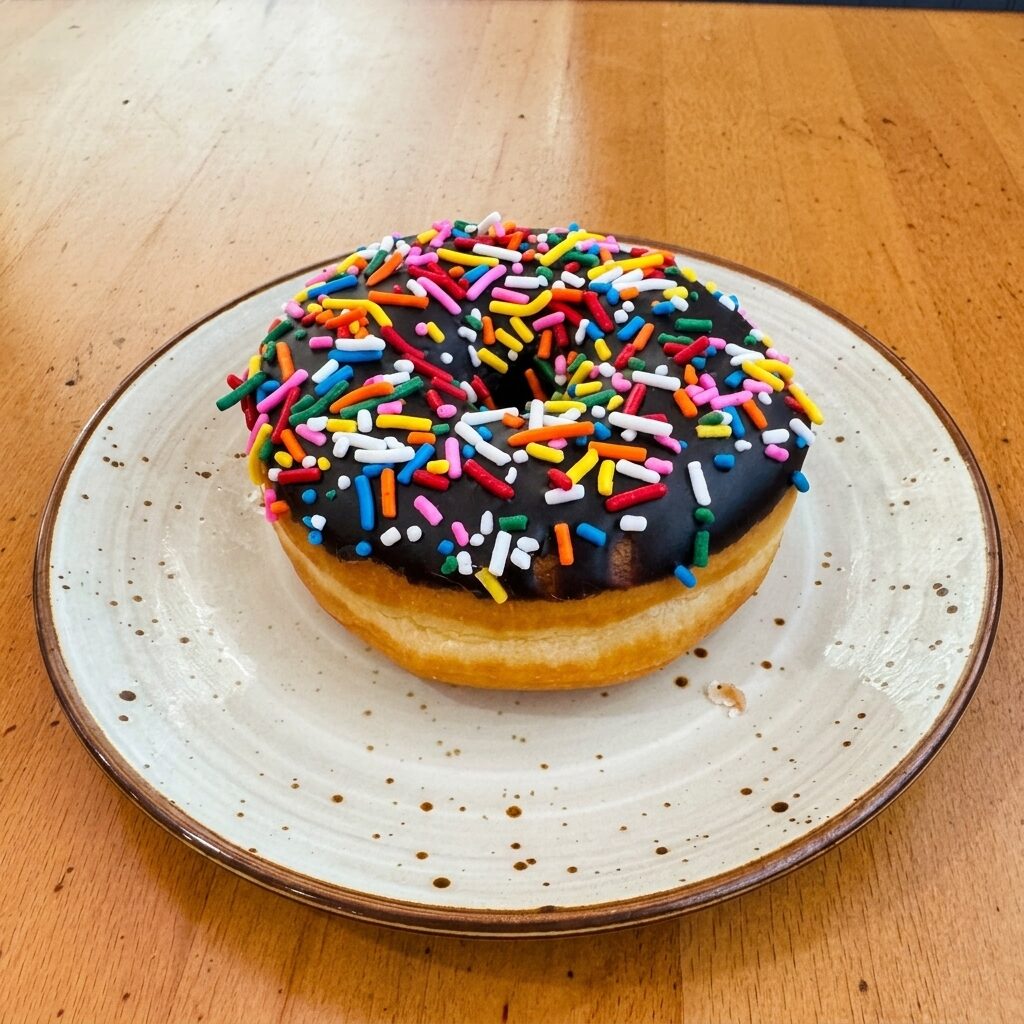 Chocolate sprinkles donut with rainbow sprinkles on chocolate frosting