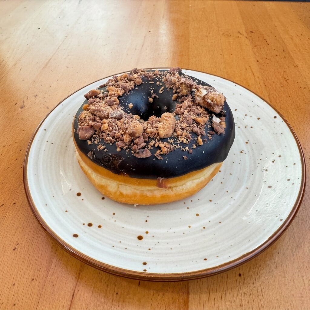 Chocolate toffee donut with toffee crumble topping