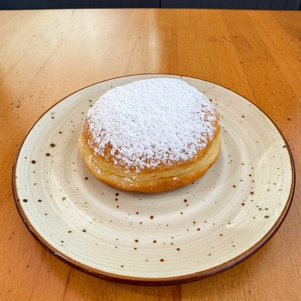 Cream-filled bismark donut with powdered sugar
