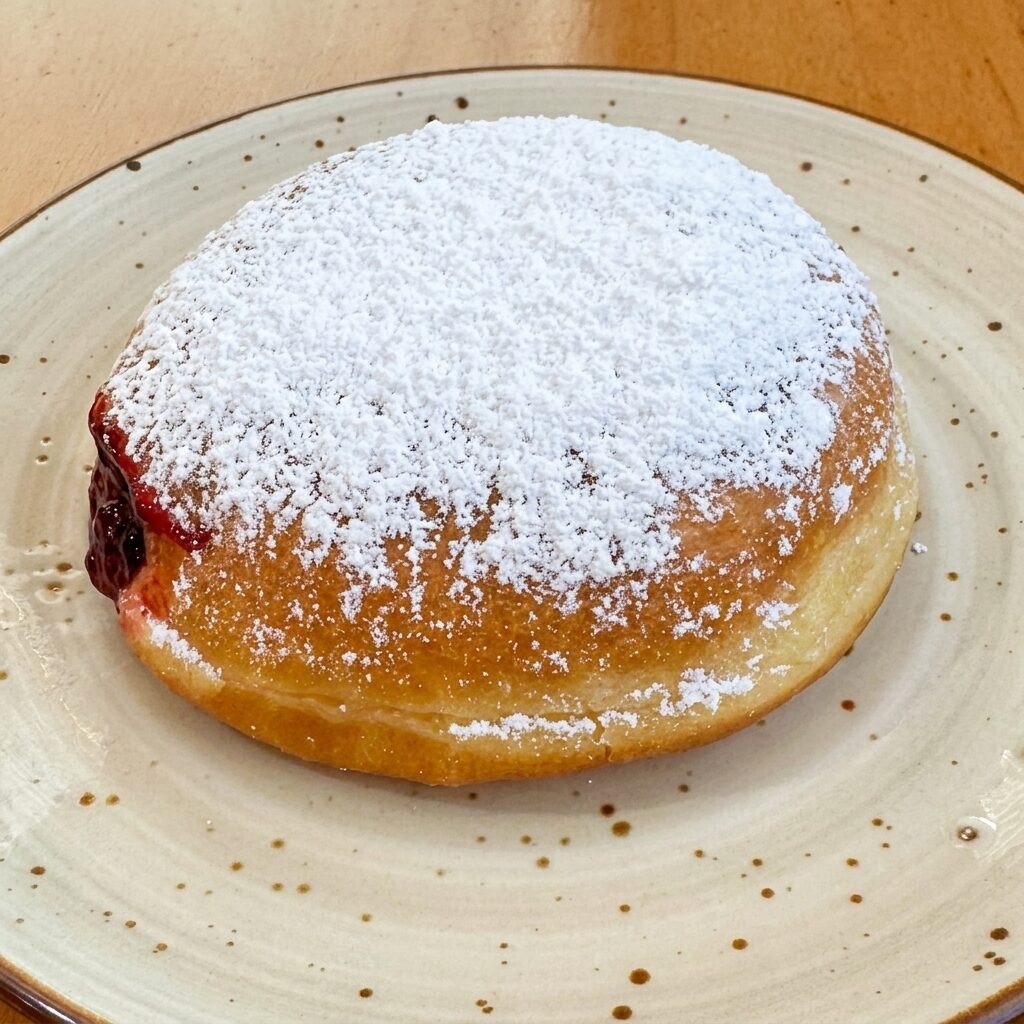 Jelly-filled donut dusted with powdered sugar